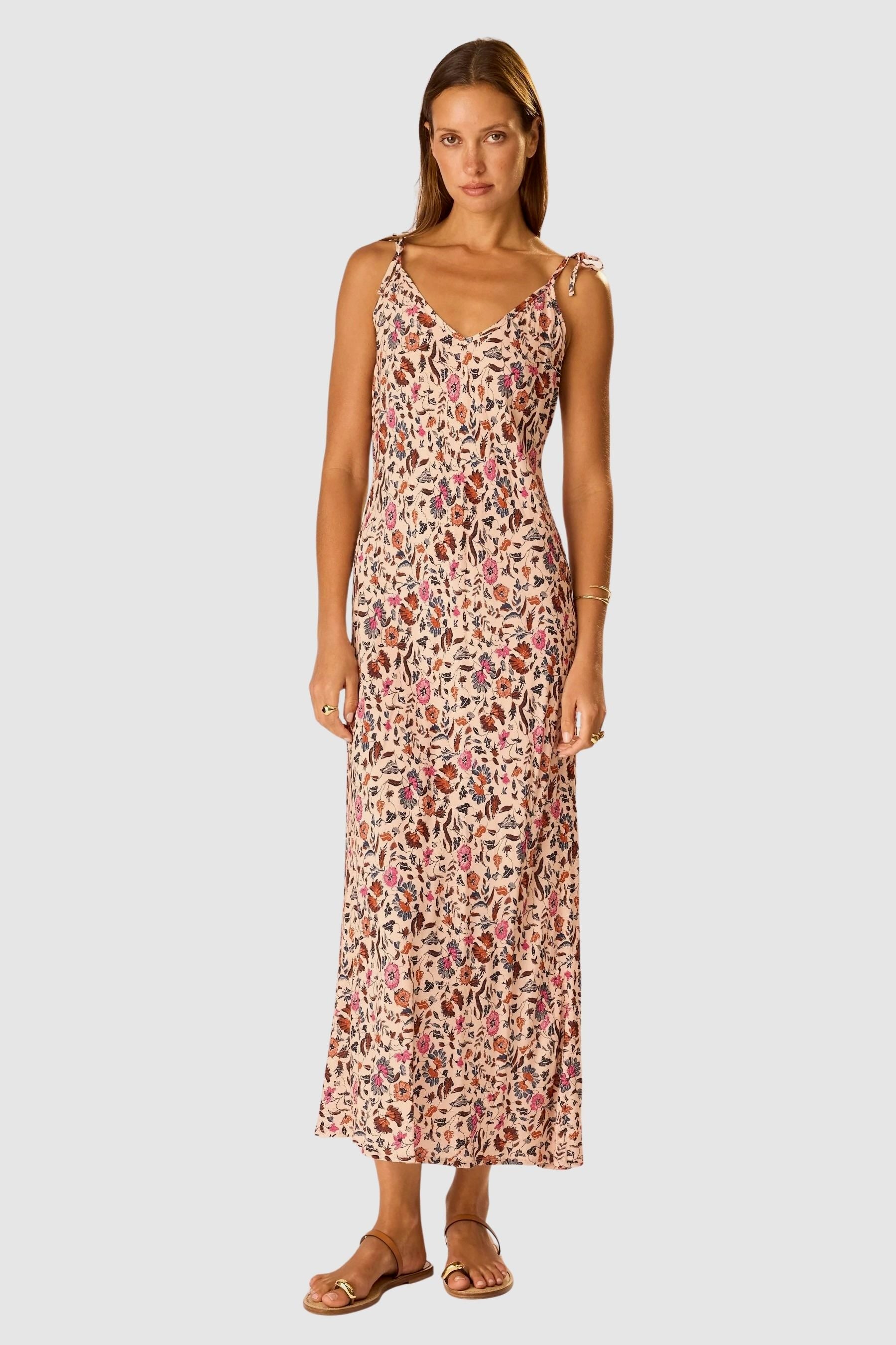 Natalie Martin Dakota Dress Wildflower Spice full-length floral rayon slip dress