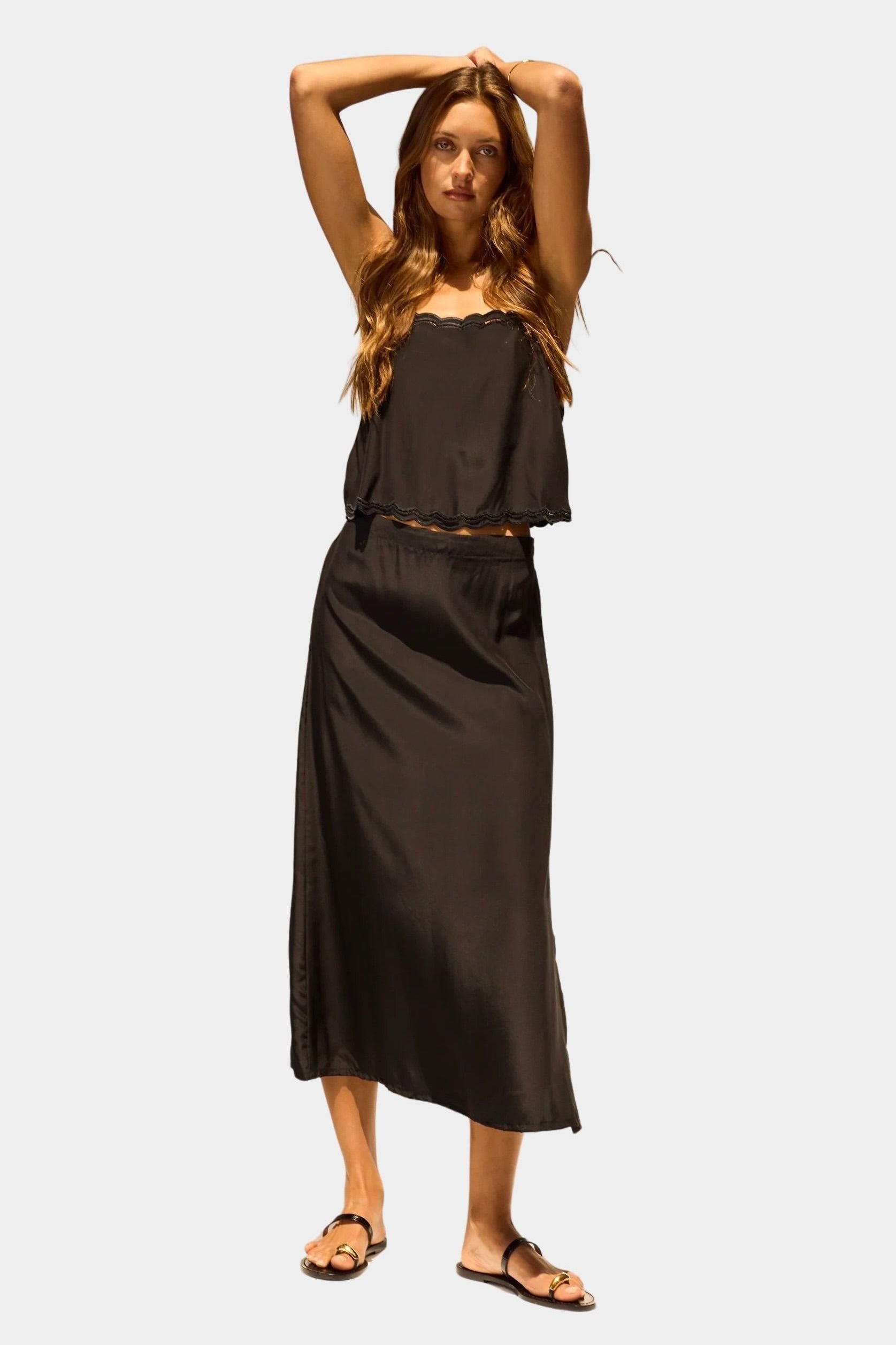 Natalie Martin Fern Cami Black Silk Embroidery full-length styling view with relaxed silk camisole fit