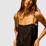 Natalie Martin Fern Cami Black Silk Embroidery front view with scalloped embroidered trim and silk drape at YUCCA Denver