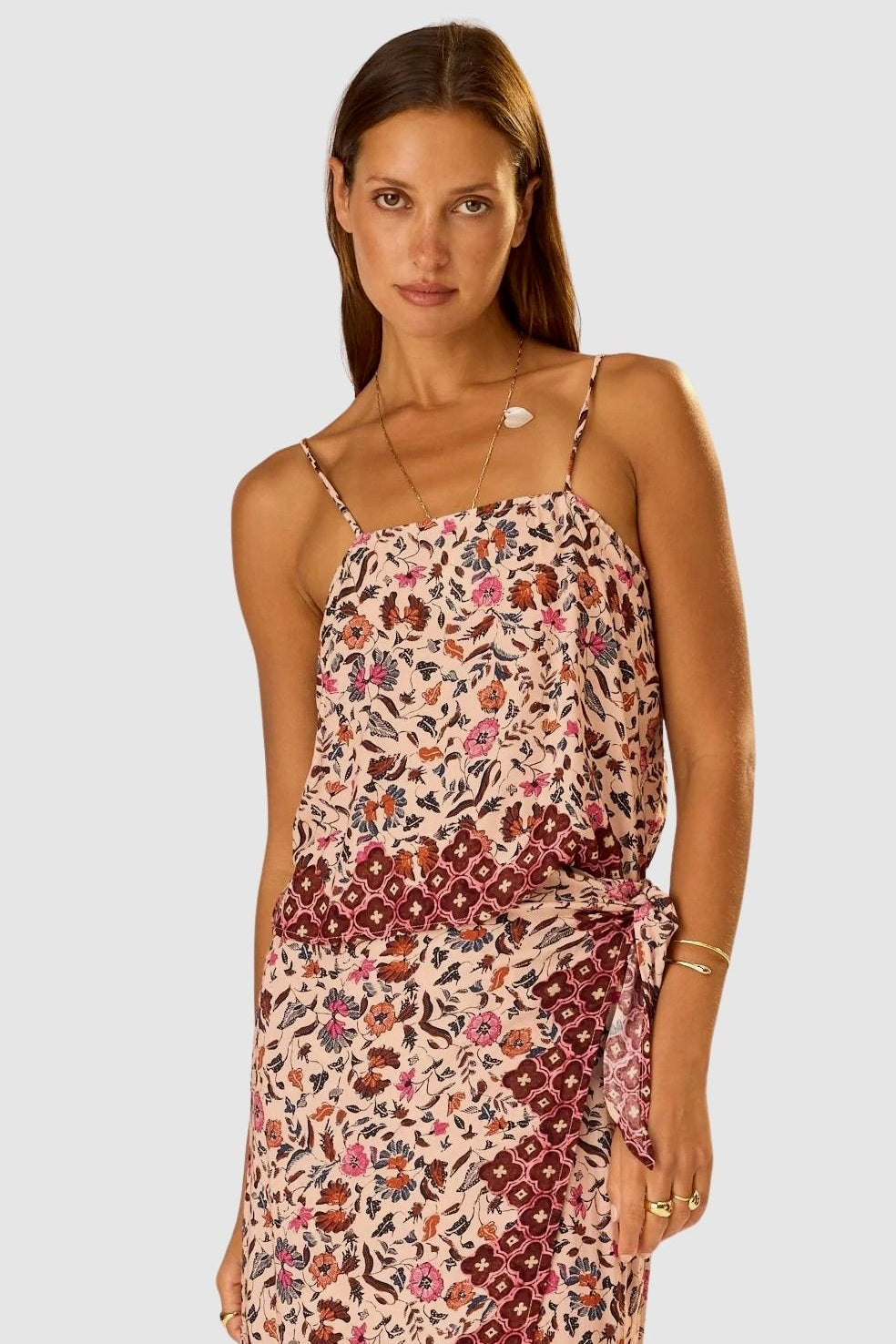 Natalie Martin Fern Cami Wildflower Spice close-up detail with floral print and border hem