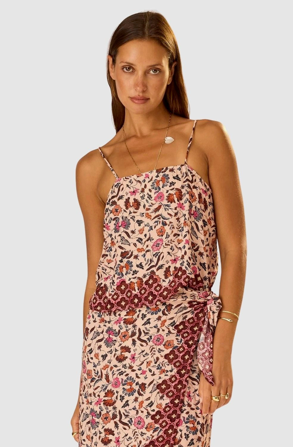 Natalie Martin Fern Cami Wildflower Spice close-up detail with floral print and border hem
