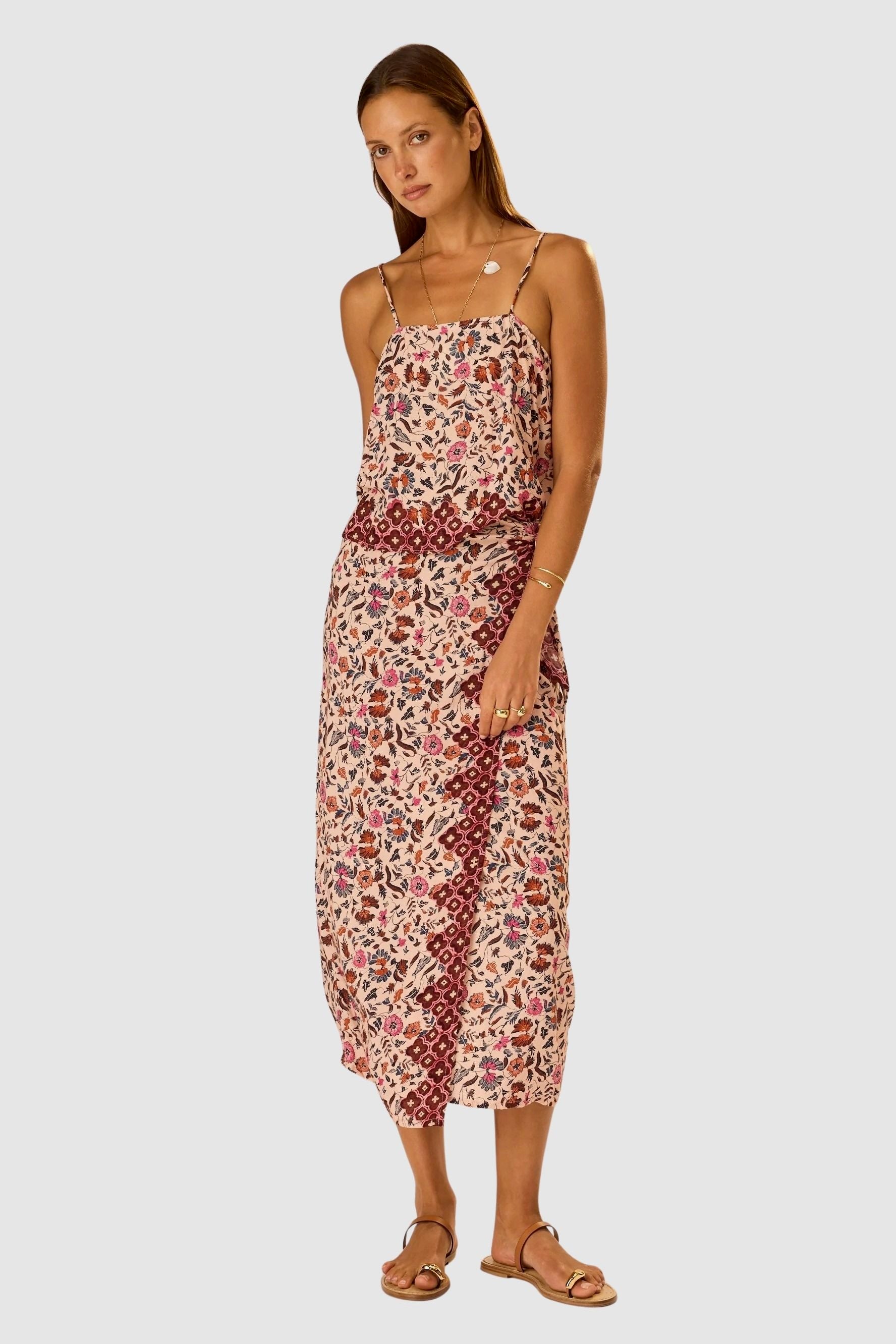 Natalie Martin Fern Cami Wildflower Spice front view with square neckline and lightweight rayon drape