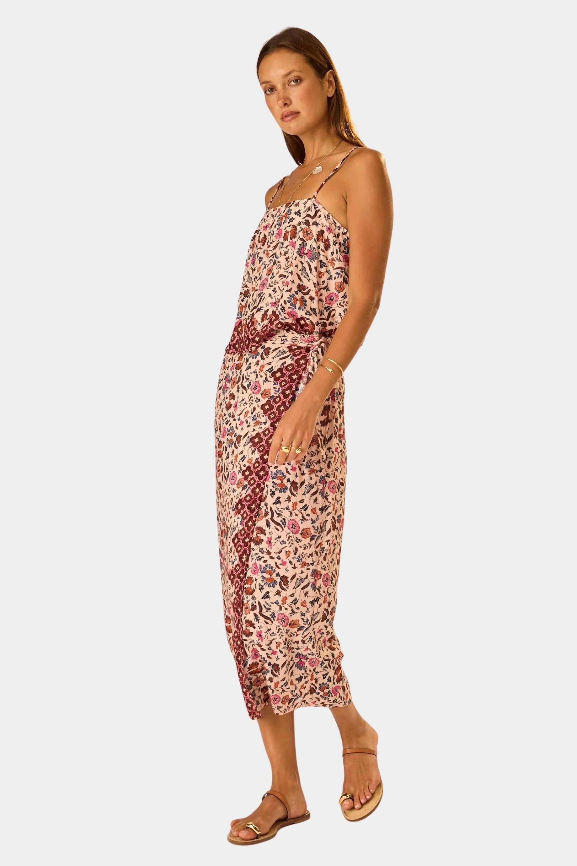 Natalie Martin Fern Cami Wildflower Spice front angle view with relaxed drape and side tie skirt styling