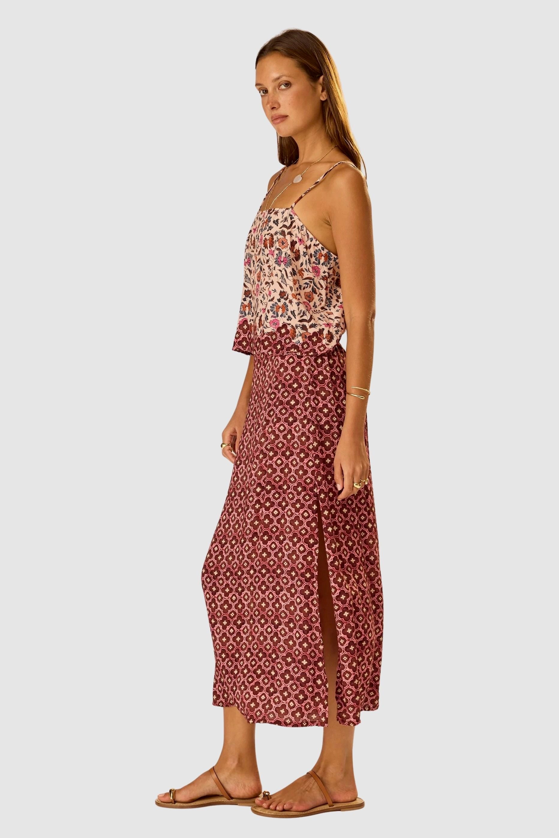 Natalie Martin Fern Cami Wildflower Spice side view with floral print and border detail