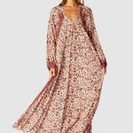 Natalie Martin Fiore Maxi Wildflower Spice floral rayon maxi dress front view with voluminous drape