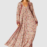 Natalie Martin Fiore Maxi Wildflower Spice floral rayon maxi dress front view with voluminous drape