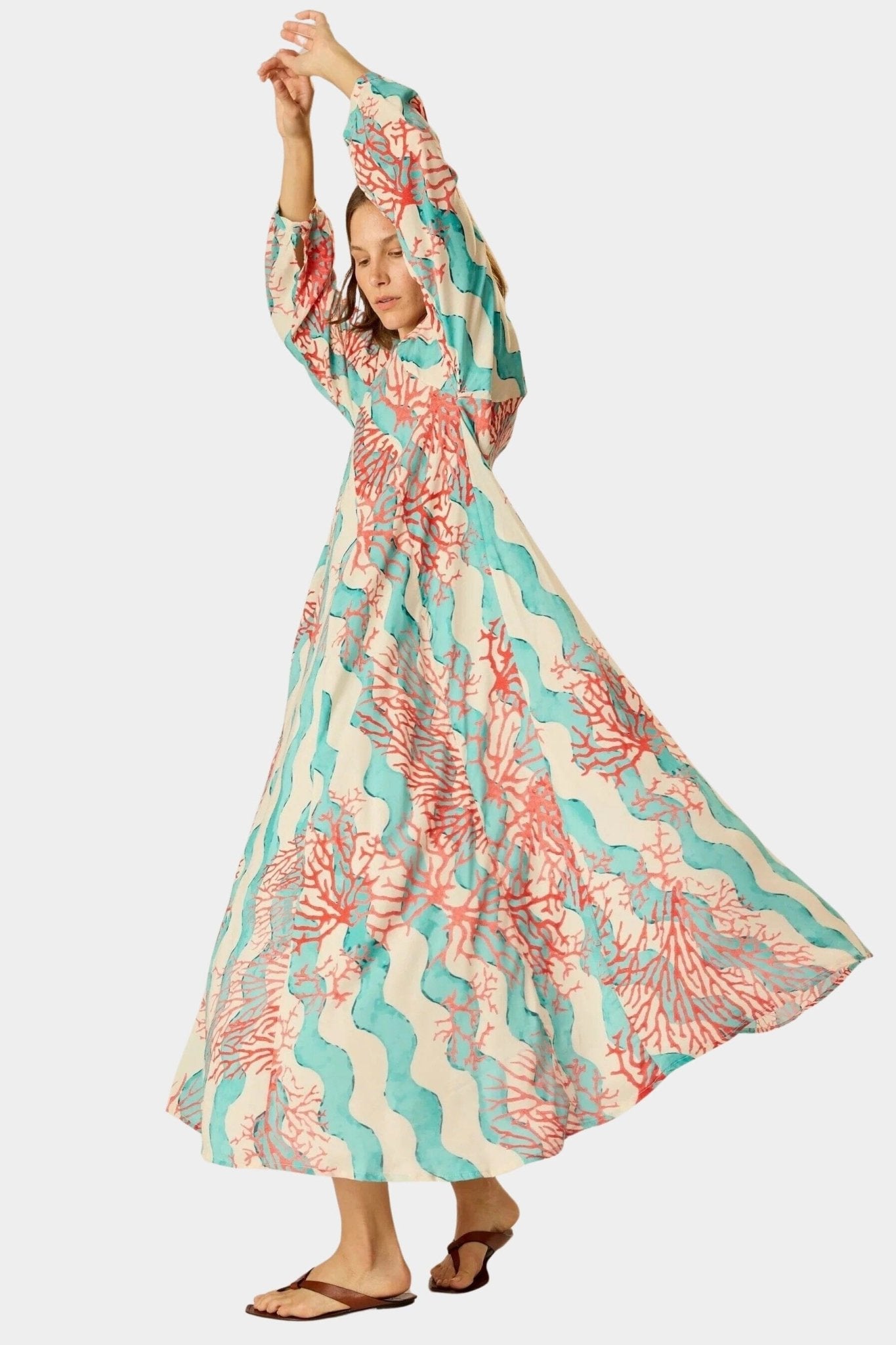 Natalie Martin | Fiore Maxi Dress In Coral Wave Turquoise - SHOP YUCCA Dresses NATALIE MARTIN - YUCCA, Women’s clothing store Denver, boutique stores near me, capsule wardrobe, women’s elevated basics, casual dresses Denver.