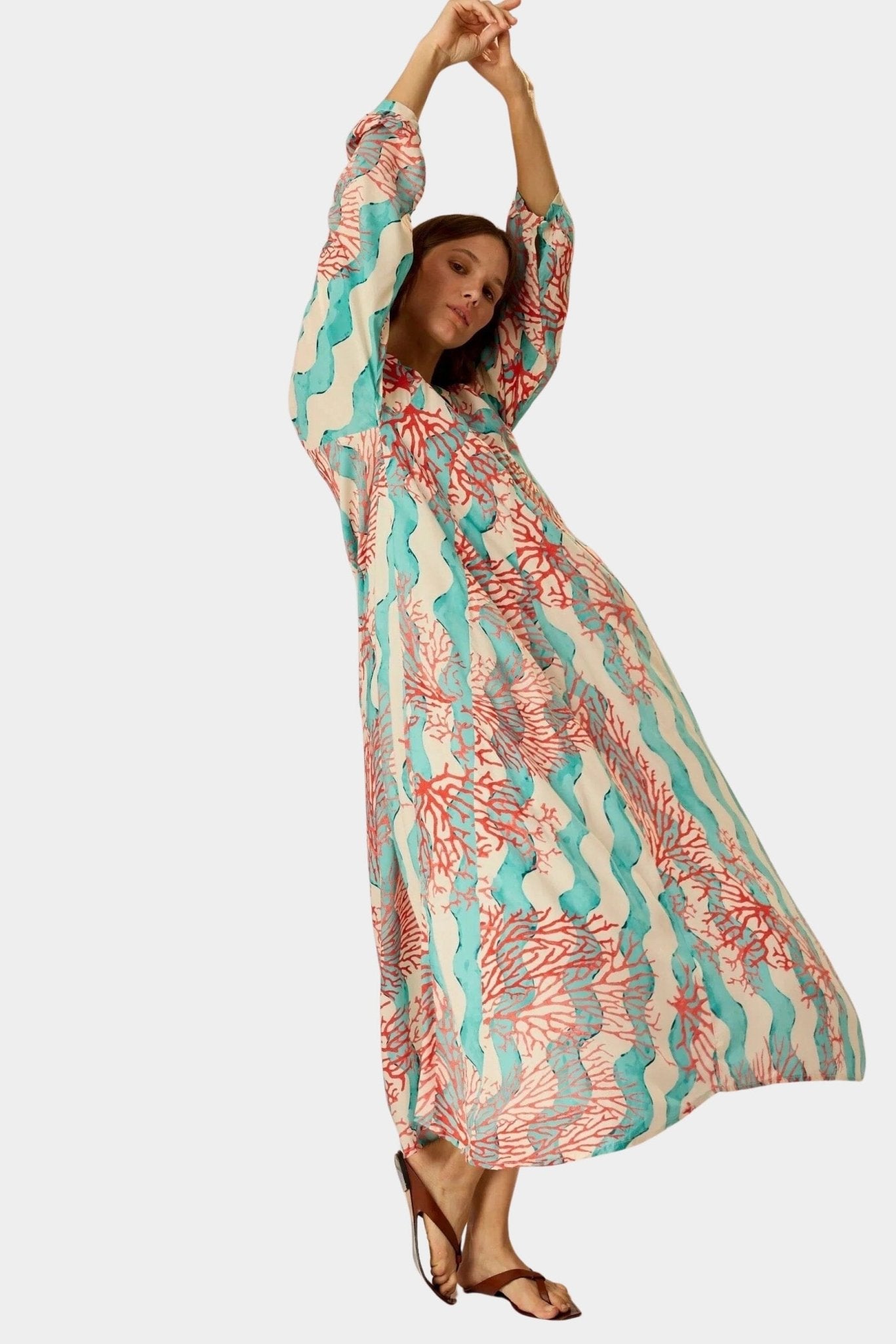 Natalie Martin | Fiore Maxi Dress In Coral Wave Turquoise - SHOP YUCCA Dresses NATALIE MARTIN - YUCCA, Women’s clothing store Denver, boutique stores near me, capsule wardrobe, women’s elevated basics, casual dresses Denver.