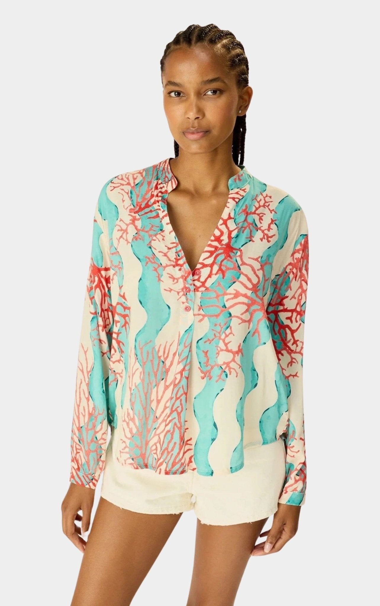 NATALIE MARTIN | Leslie Shirt - Coral Wave Turquoise - Tops & Tees -  SHOP YUCCA, Boutiques Denver, stylish tops for women, cherry creek boutique, high quality casual tops.