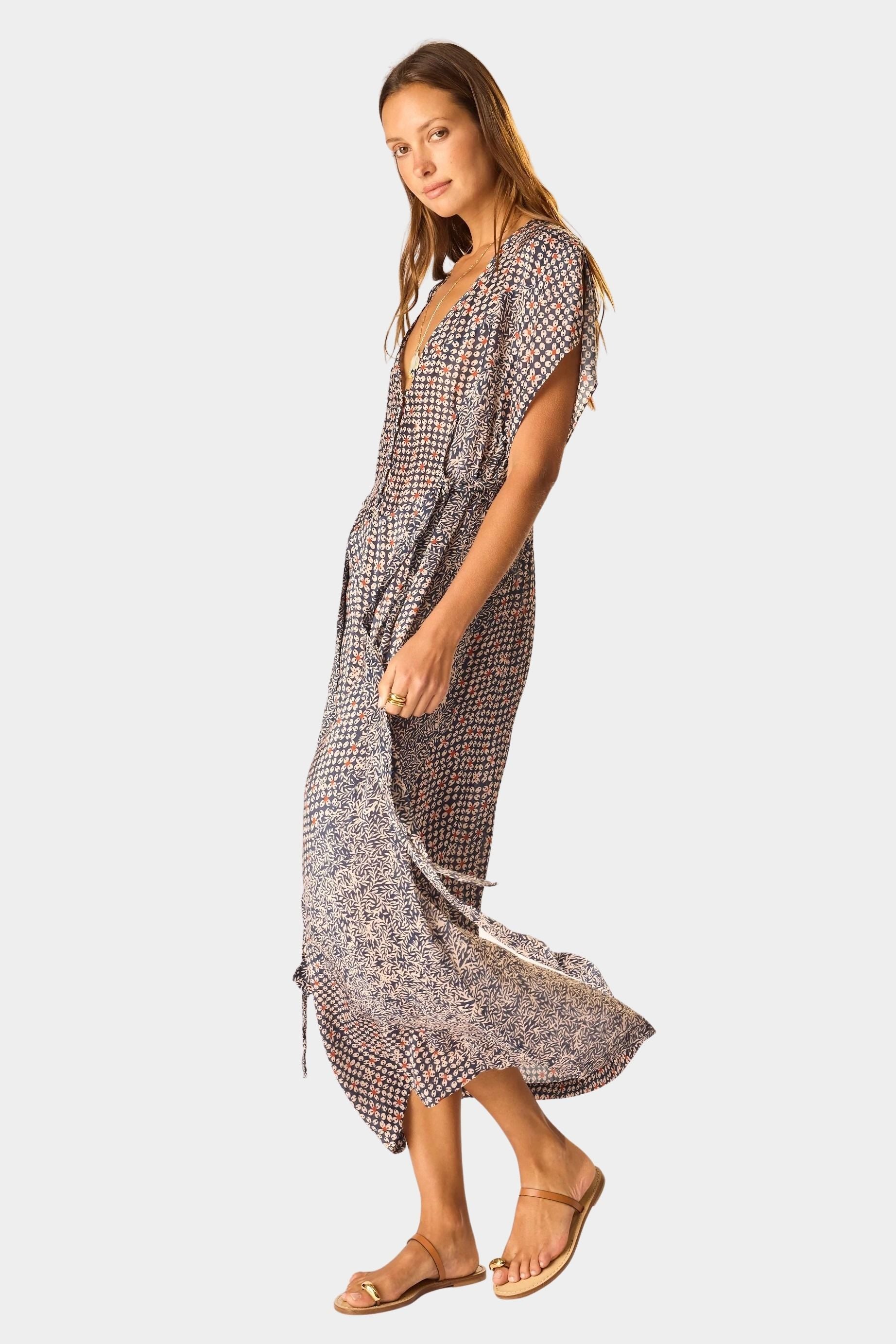 Natalie Martin Monica Dress Delphi Ink front view deep v-neck printed maxi dress