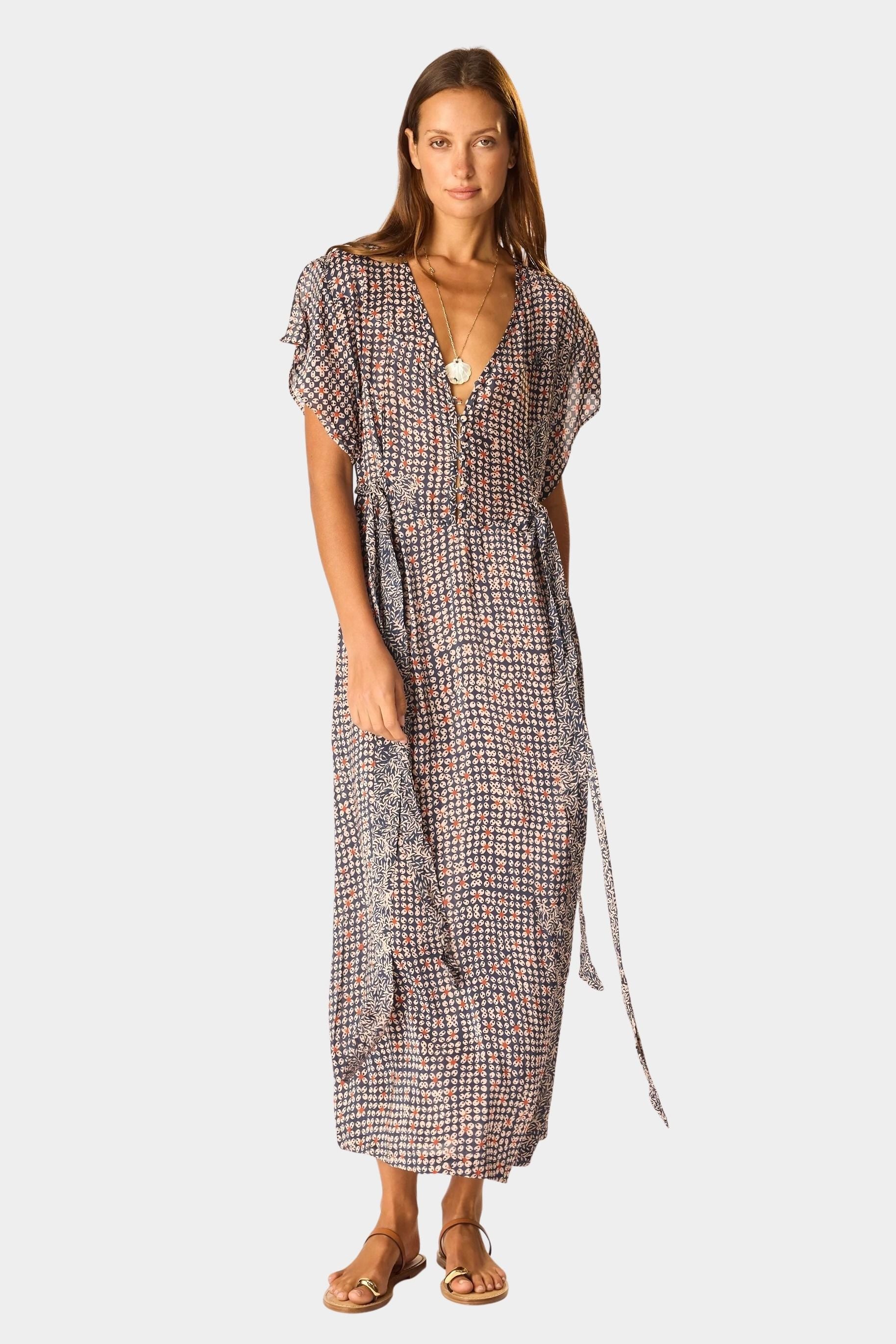 Natalie Martin Monica Dress Delphi Ink front full-length printed dress with waist ties