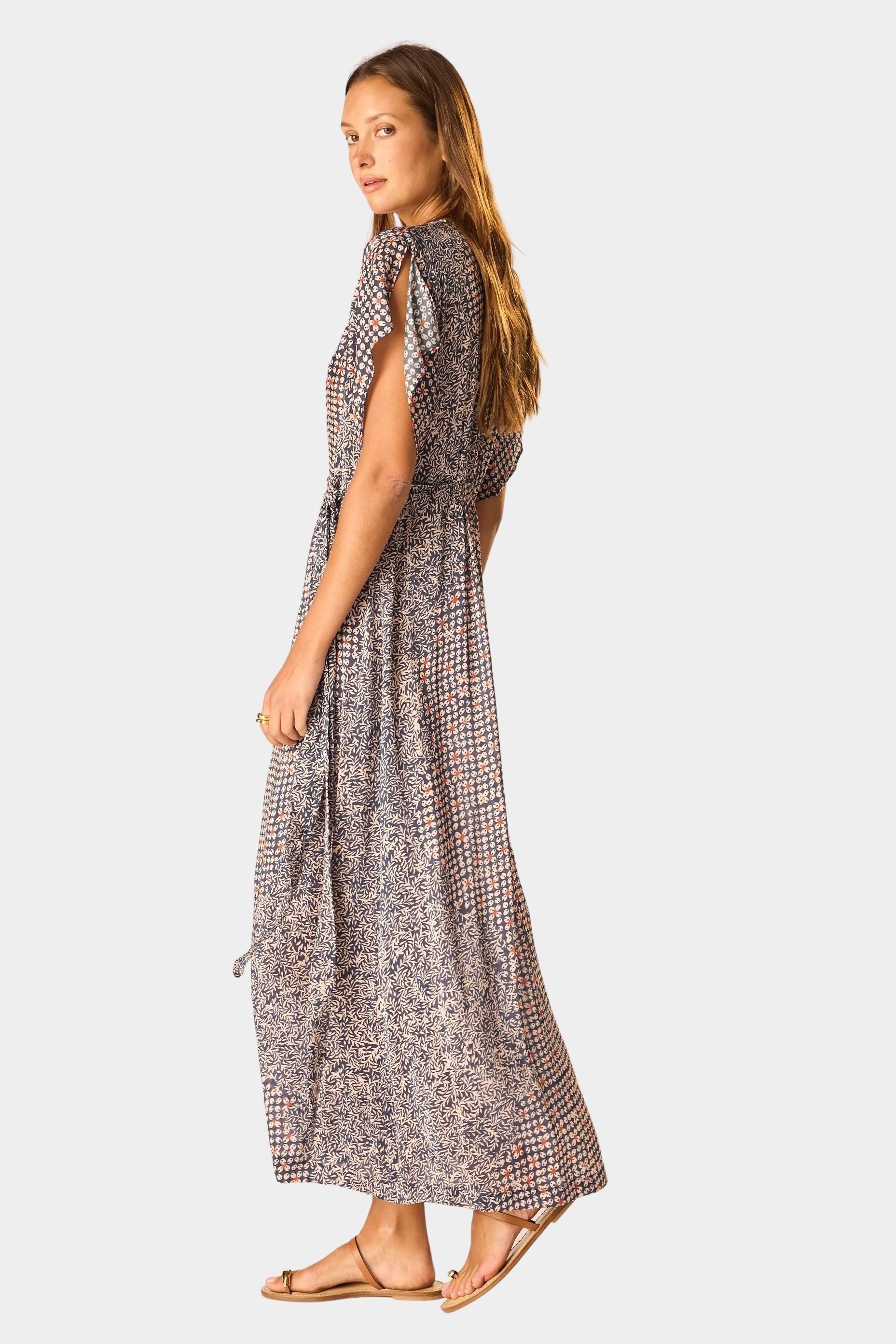 Natalie Martin Monica Dress Delphi Ink side profile relaxed resort maxi dress