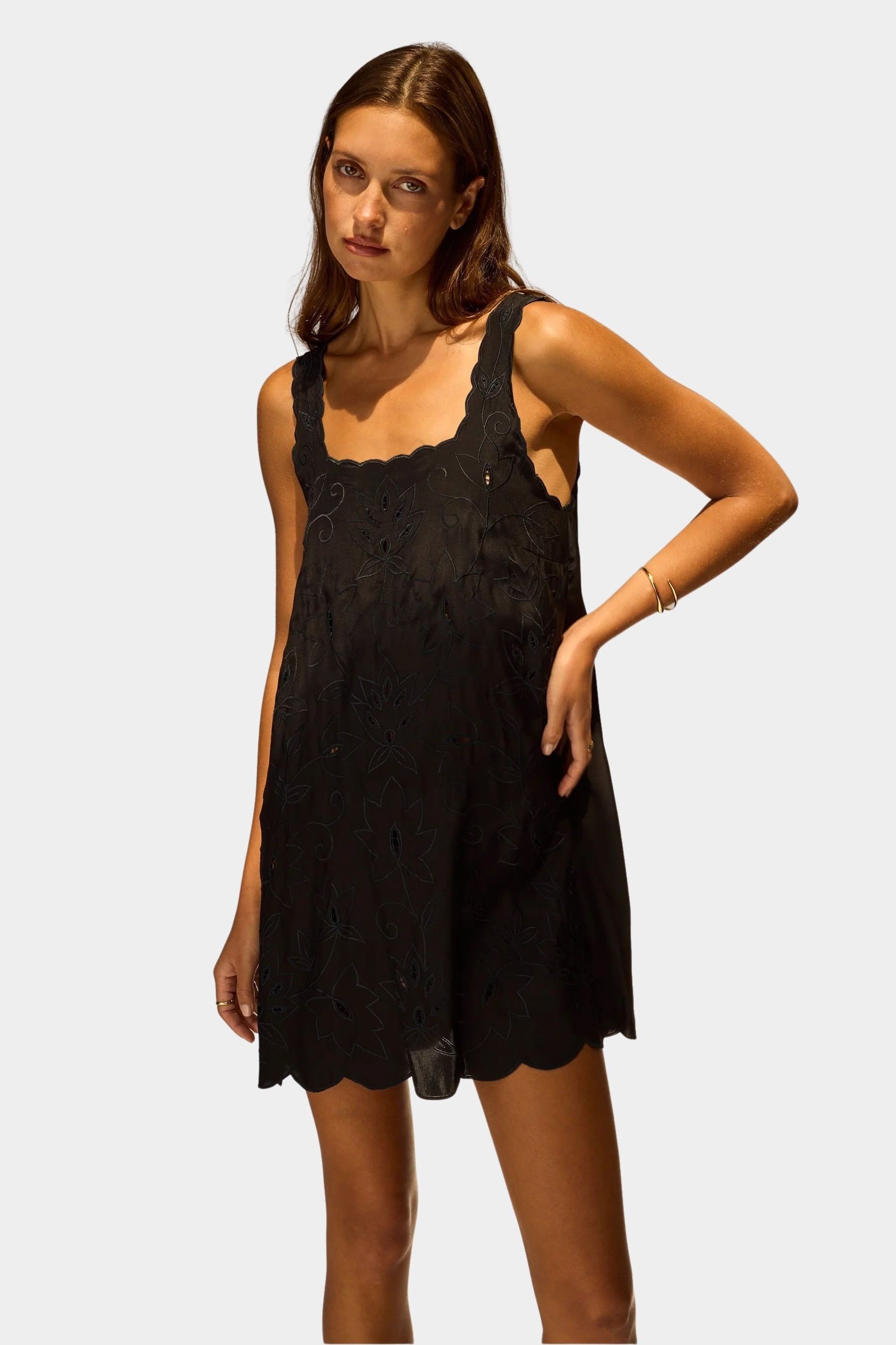 Natalie Martin Nadia Dress Black Silk Embroidery front view with scalloped trim and fluid silk mini dress silhouette at YUCCA Denver