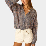 Natalie Martin Tolan Shirt Delphi Ink long sleeve printed blouse front view with relaxed oversized fit