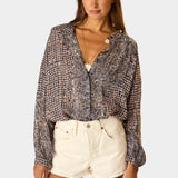Natalie Martin Tolan Shirt Delphi Ink oversized bohemian button-down shirt styled with denim shorts