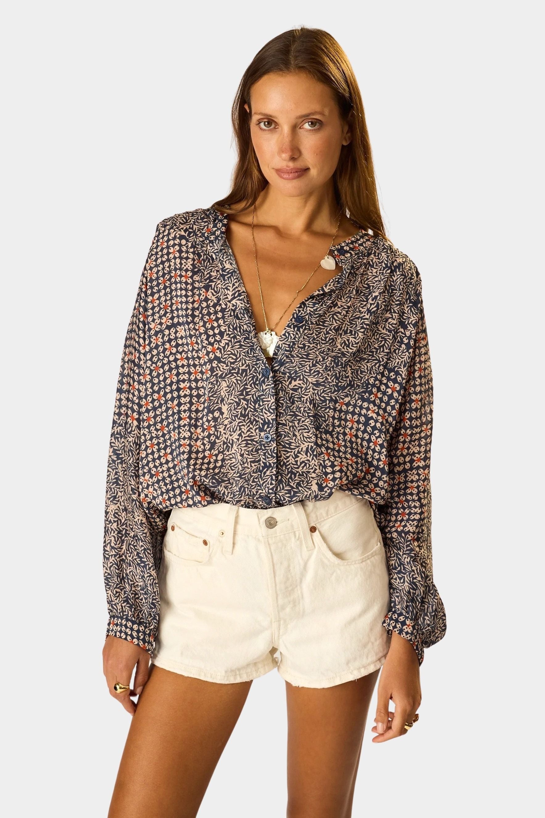 Natalie Martin Tolan Shirt Delphi Ink oversized bohemian button-down shirt styled with denim shorts