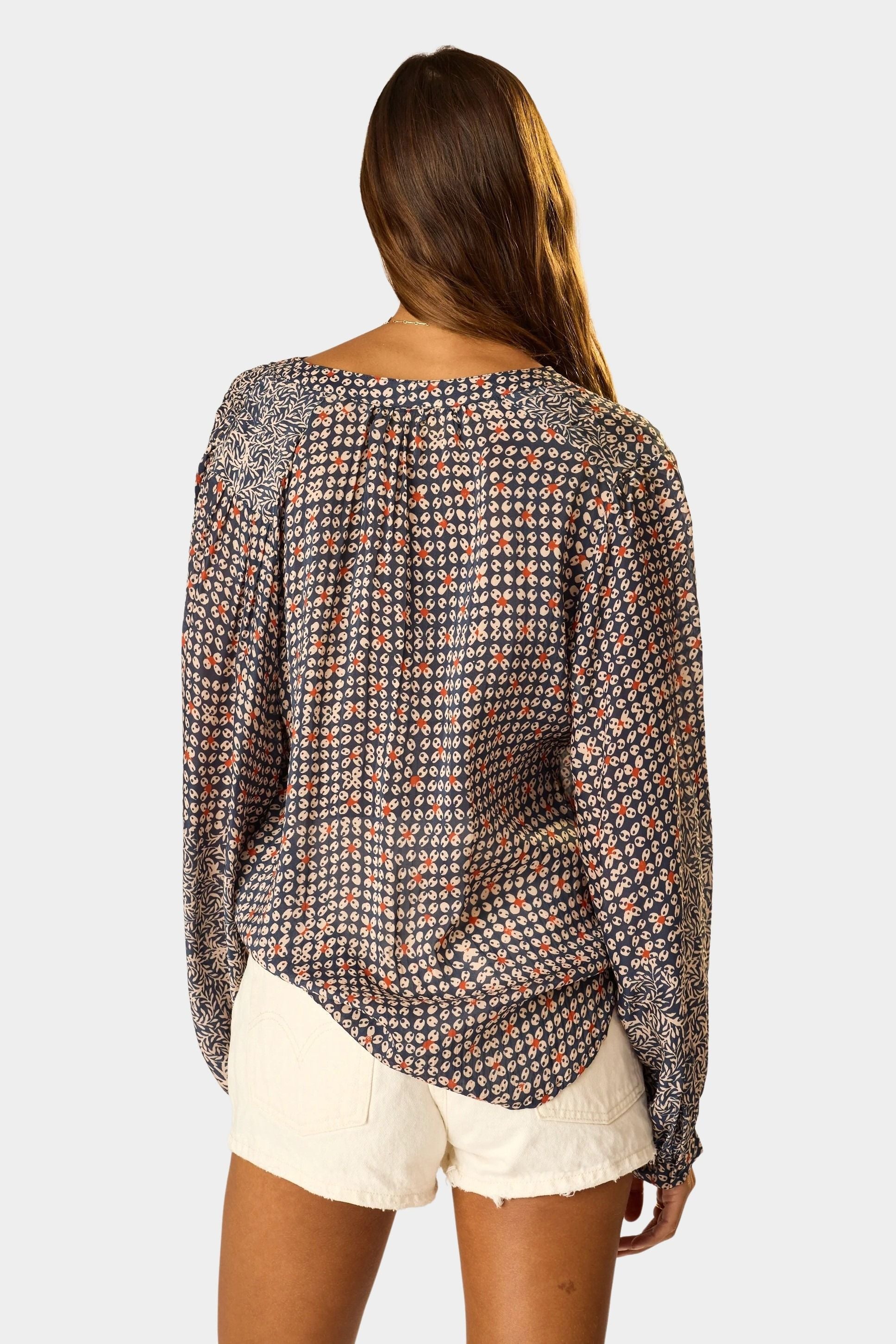 Natalie Martin Tolan Shirt Delphi Ink back view with relaxed drape and gathered shoulders