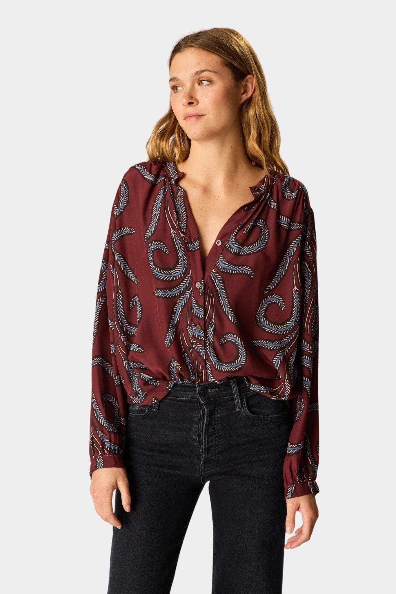 Natalie Martin - Tolan Shirt - Feather Bordeaux - Tops & Tees - YUCCA, Boutiques Denver, stylish tops for women.