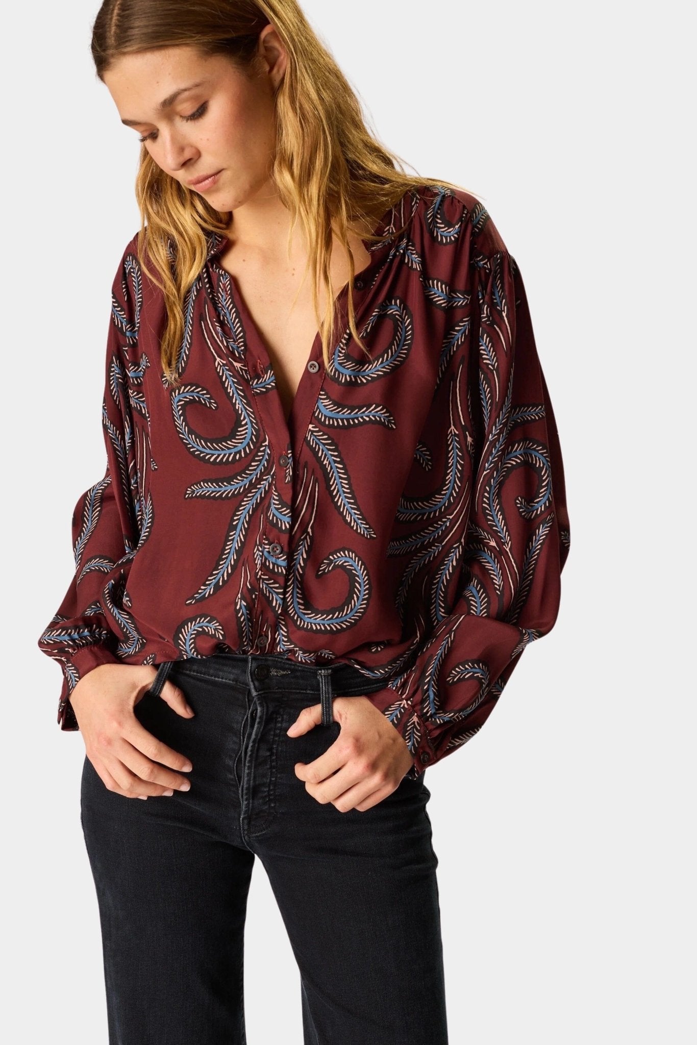 Natalie Martin - Tolan Shirt - Feather Bordeaux - Tops & Tees - YUCCA, Boutiques Denver, stylish tops for women.