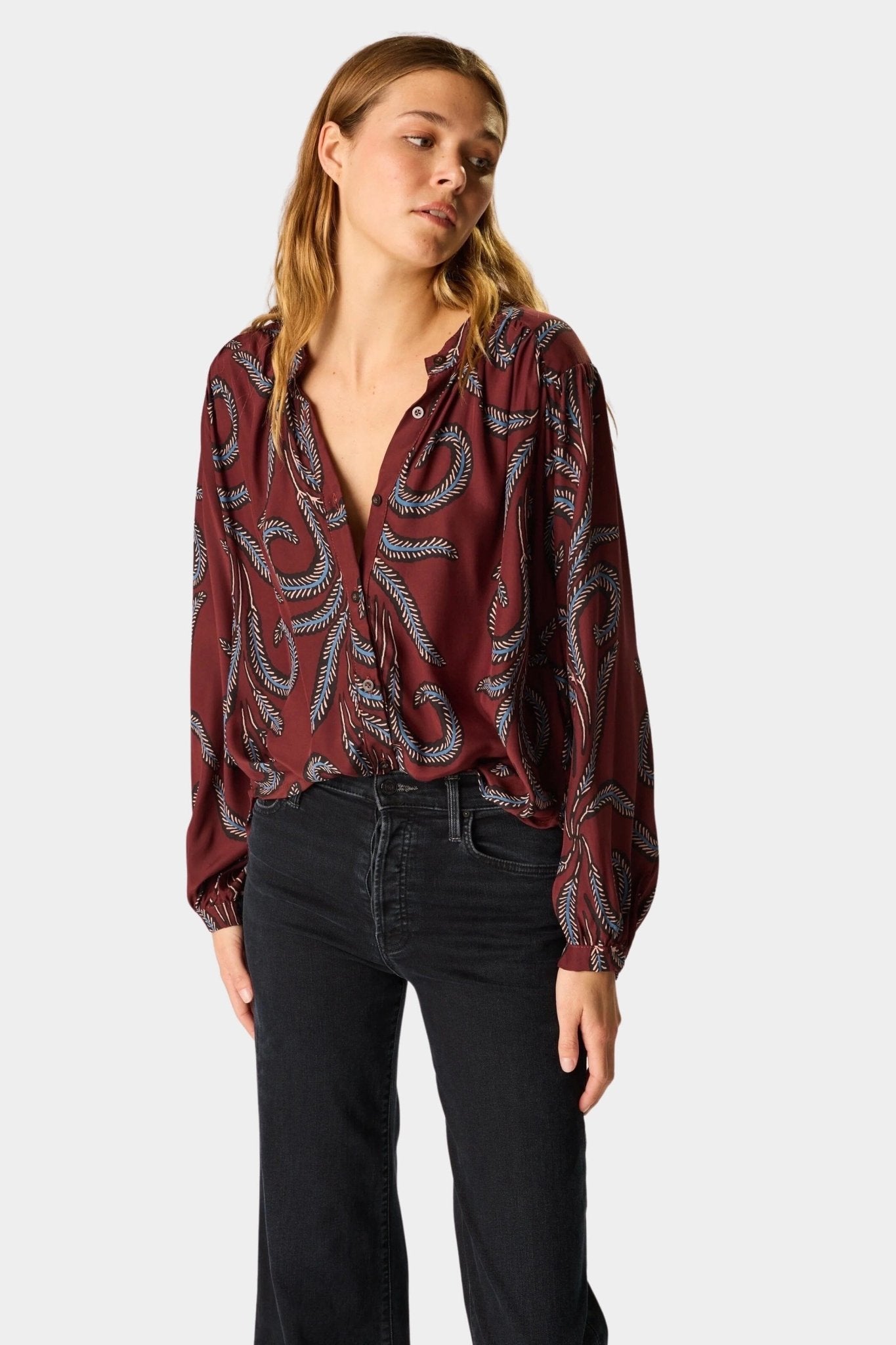 Natalie Martin - Tolan Shirt - Feather Bordeaux - Tops & Tees - YUCCA, Boutiques Denver, stylish tops for women.
