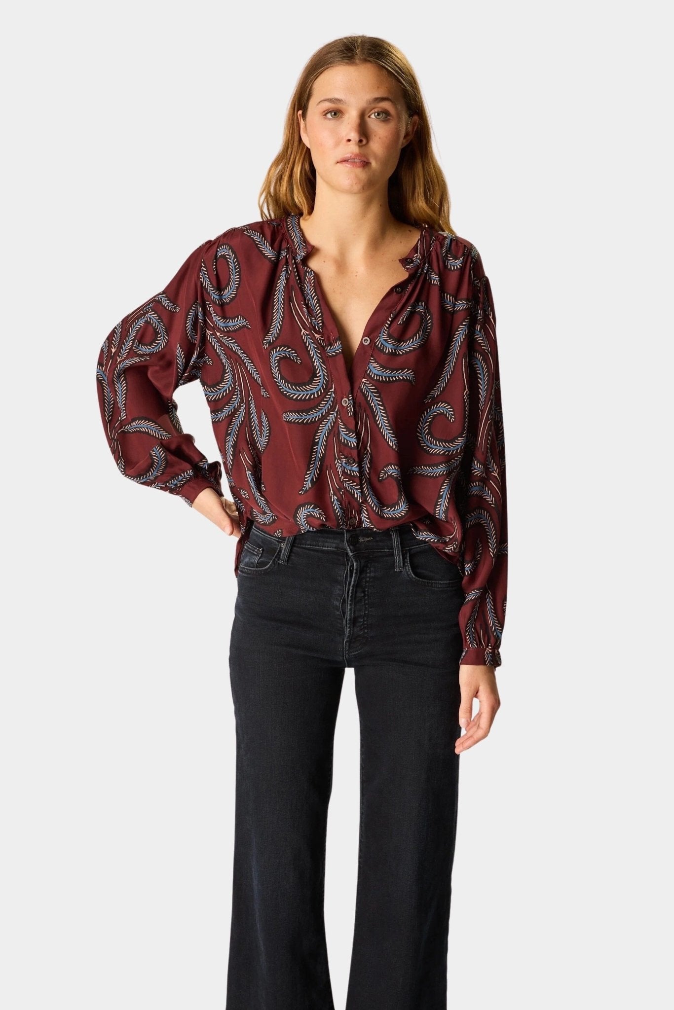 Natalie Martin - Tolan Shirt - Feather Bordeaux - Tops & Tees - YUCCA, Boutiques Denver, stylish tops for women.
