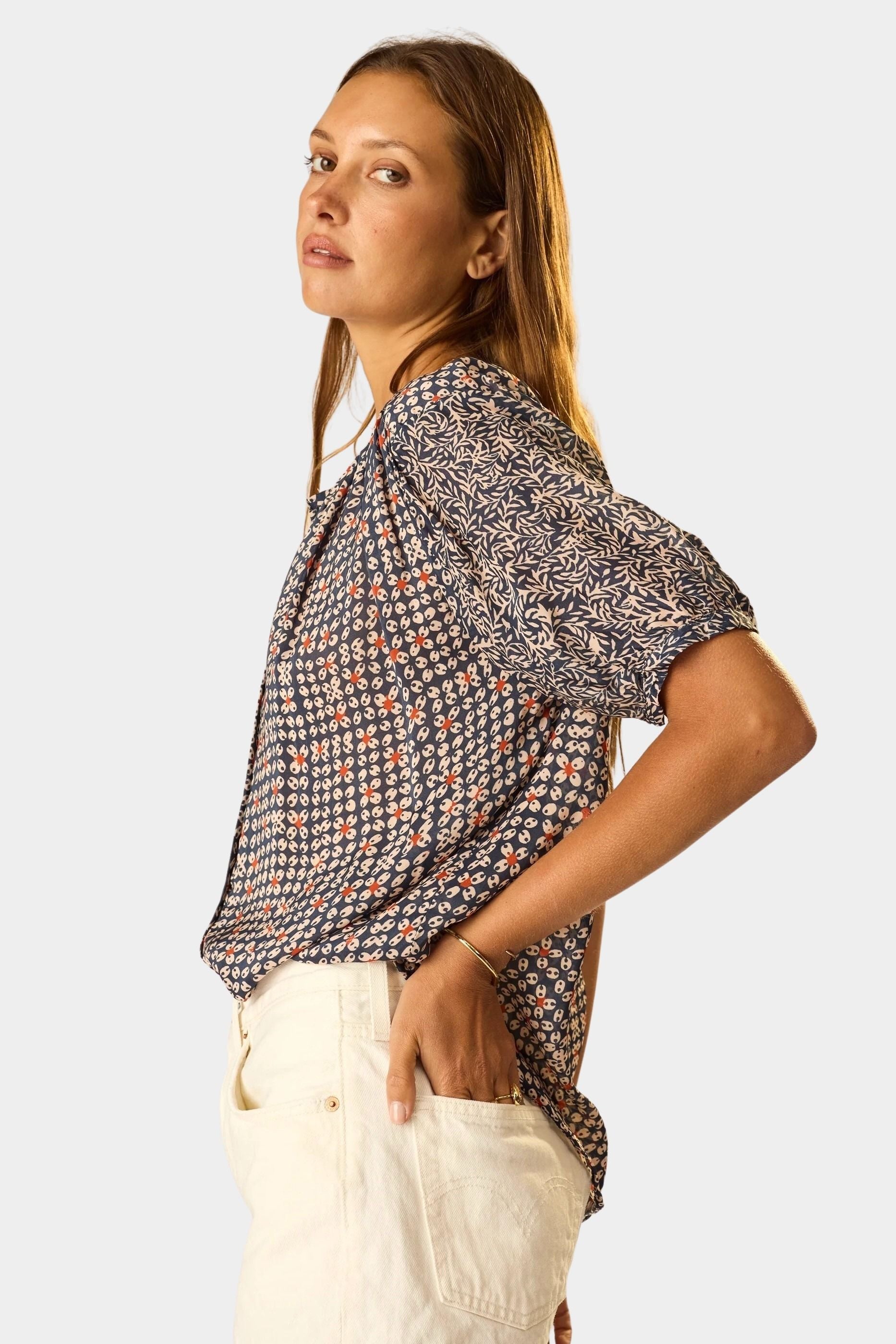 Natalie Martin Violet Top Delphi Ink side angle with airy viscose drape and relaxed sleeve shape
