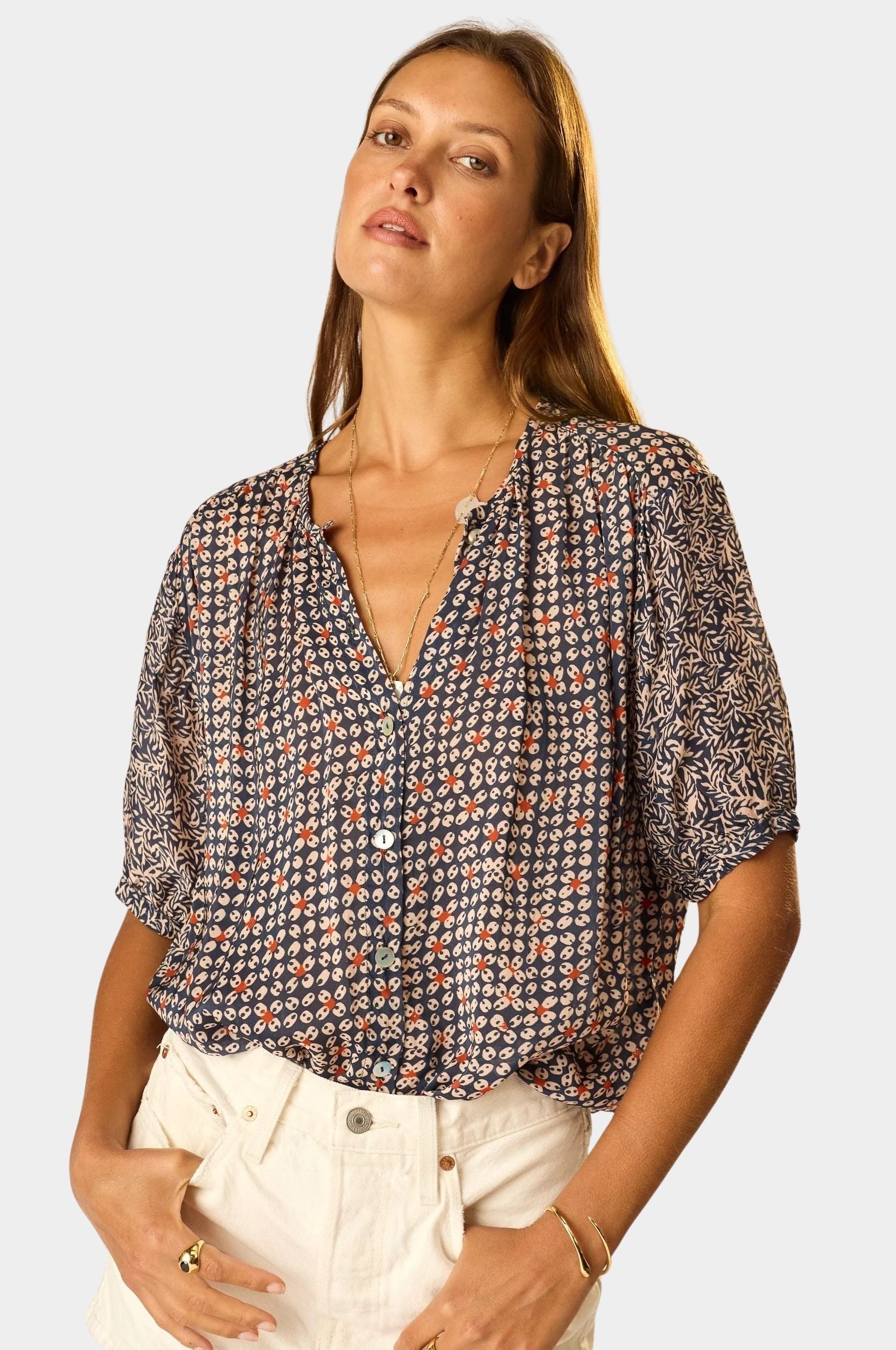 Natalie Martin Violet Top Delphi Ink close-up portrait with mixed floral print and soft gathered neckline