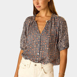 Natalie Martin Violet Top Delphi Ink front view with shell buttons and relaxed bohemian fit