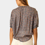 Natalie Martin Violet Top Delphi Ink rear silhouette with short sleeves and mixed floral block print detail