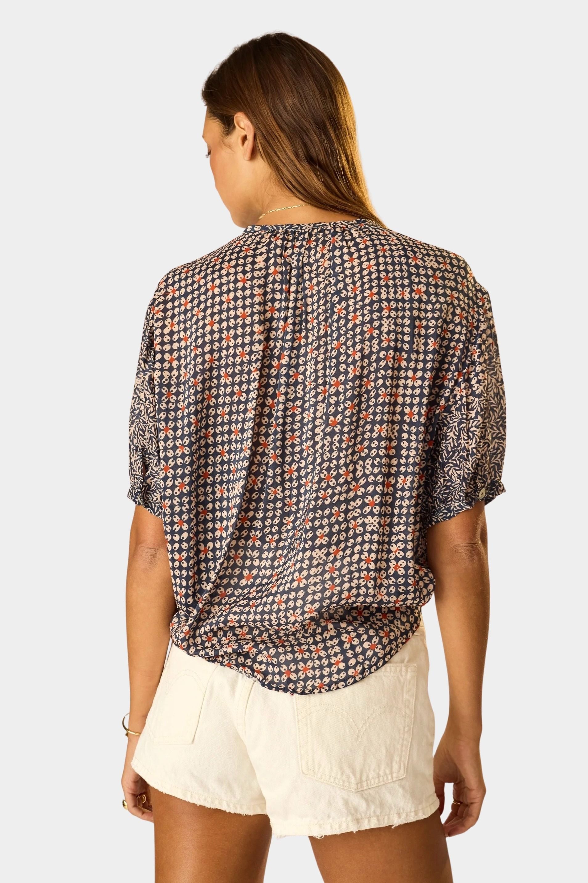 Natalie Martin Violet Top Delphi Ink rear silhouette with short sleeves and mixed floral block print detail