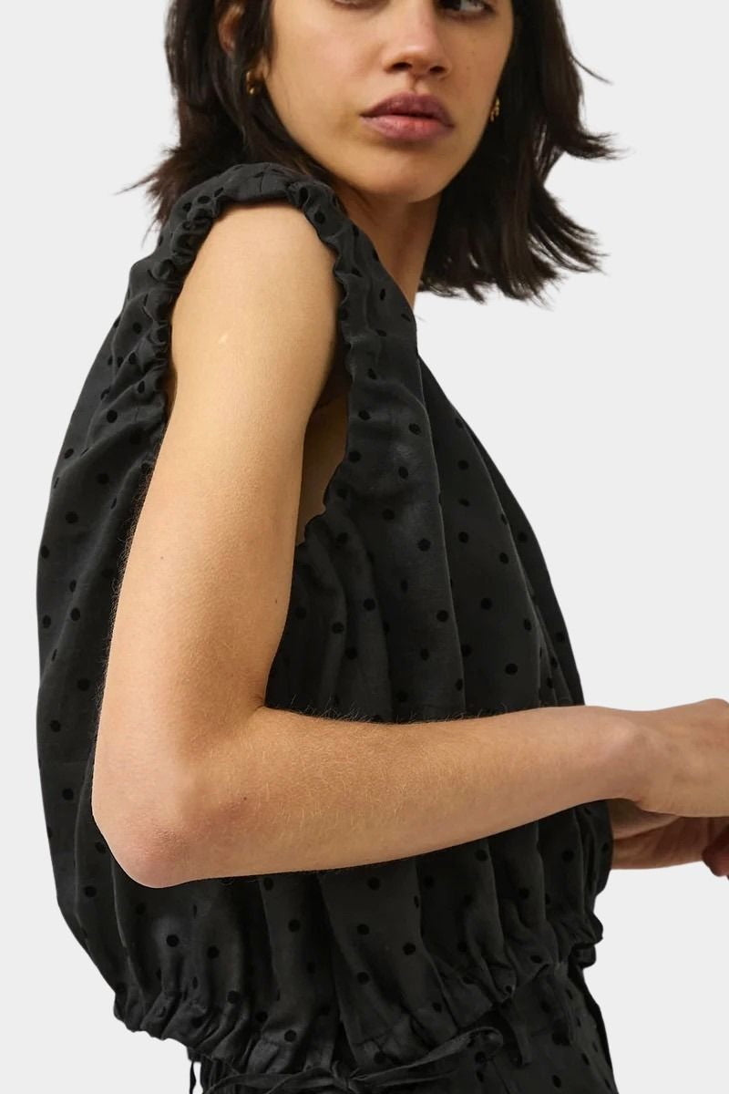 No.6 Anabel Top black dot linen with ruched shoulder detail