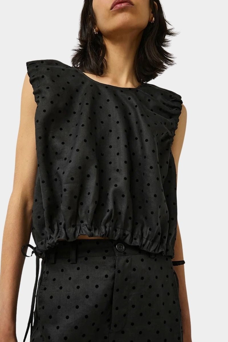 No.6 Anabel Top black dot linen with gathered hem detail