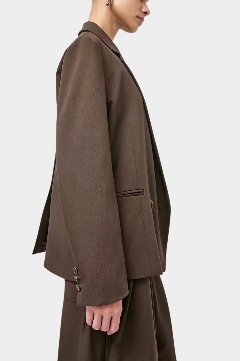 No.6 Austin Blazer in Chocolate, side view showing the relaxed shape and buttoned cuff