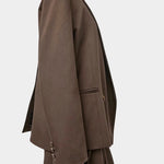 No.6 Austin Blazer in Chocolate, side view showing the relaxed shape and buttoned cuff