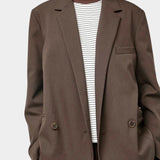 No.6 Austin Blazer in Chocolate, front detail of notched lapels, chest pocket and buttons at YUCCA Denver