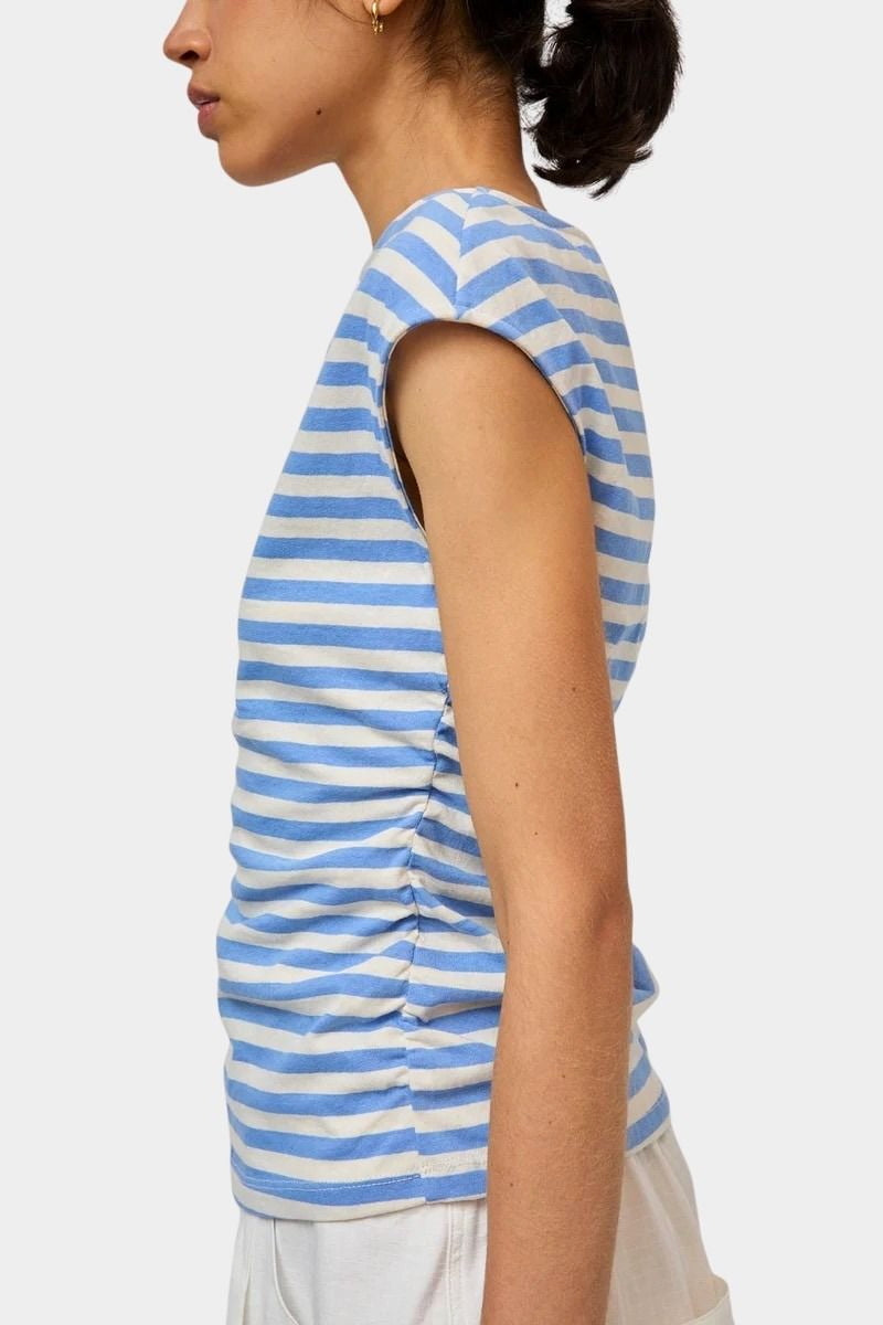 No.6 Carly Tee blue white stripe side view with ruched waist detail