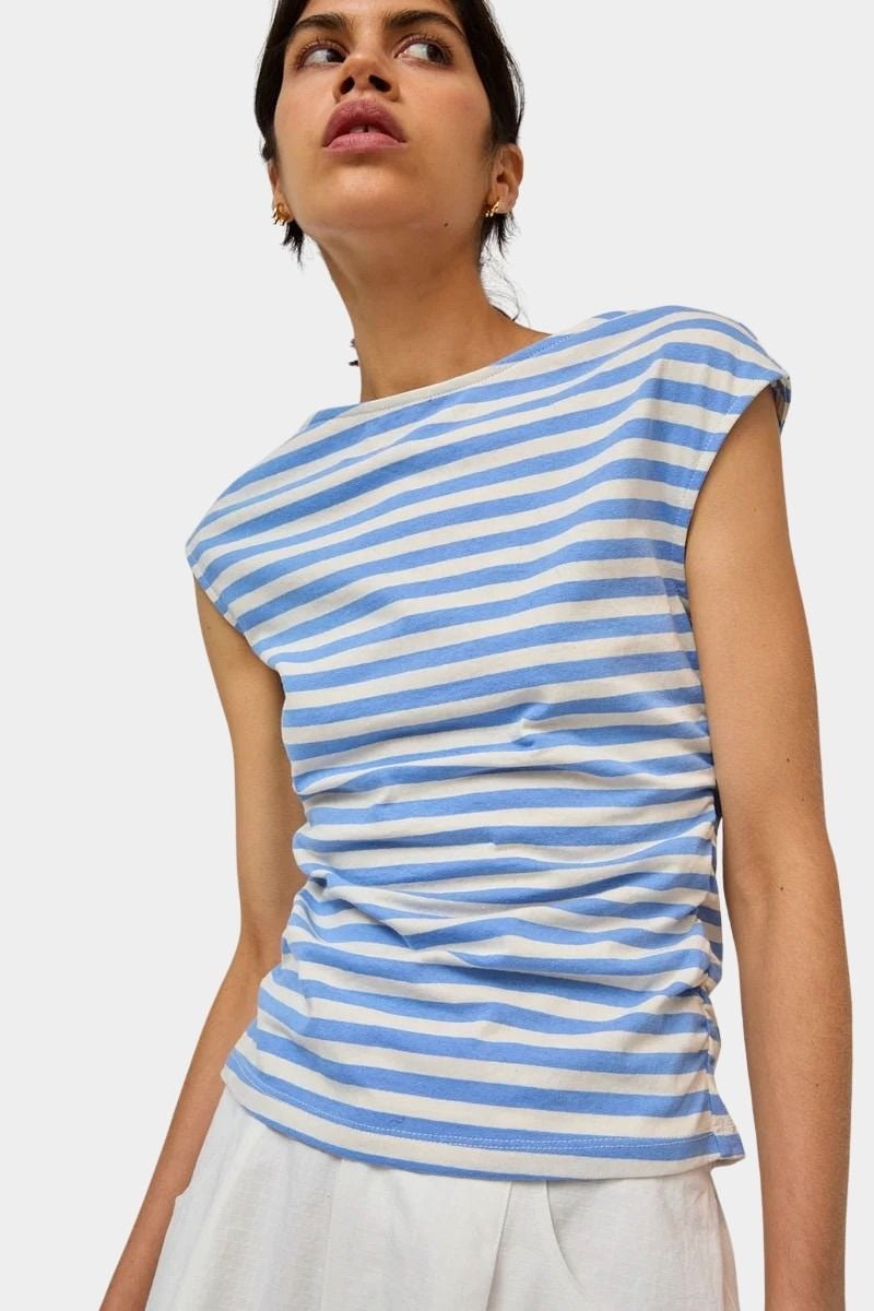 No.6 Carly Tee in blue white stripe with soft cotton jersey and gathered waist
