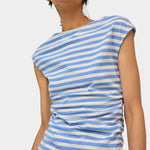 No.6 Carly Tee in blue white stripe with soft cotton jersey and gathered waist
