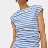 No.6 Carly Tee in blue white stripe with soft cotton jersey and gathered waist