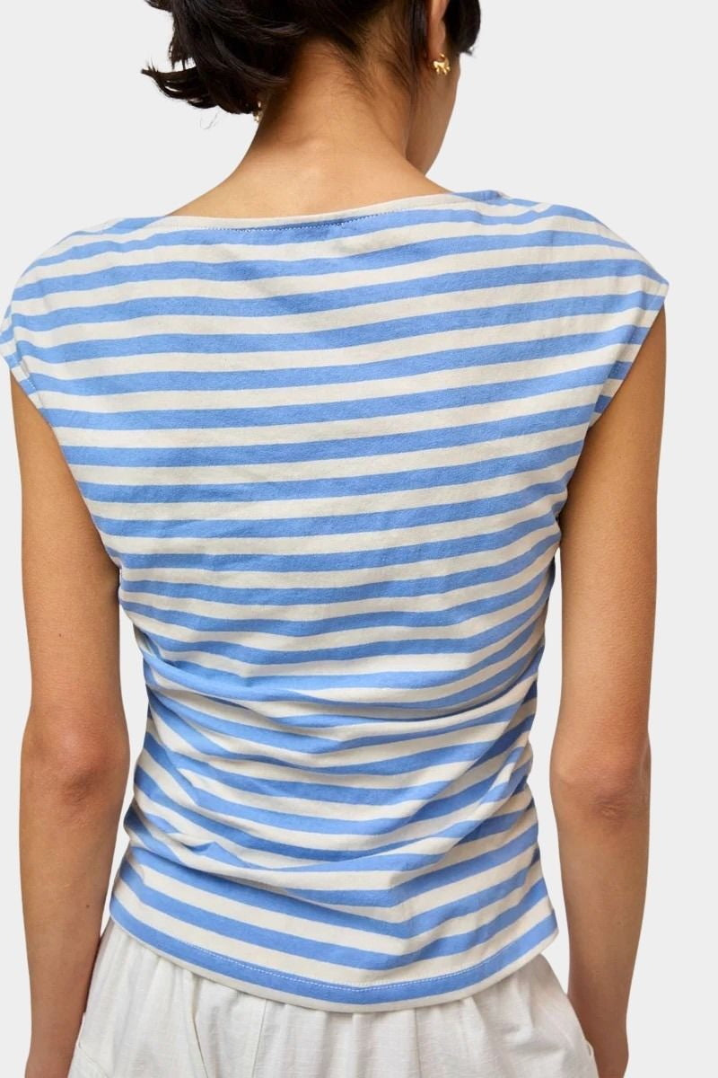 No.6 Carly Tee blue and white stripe cap sleeve top back view