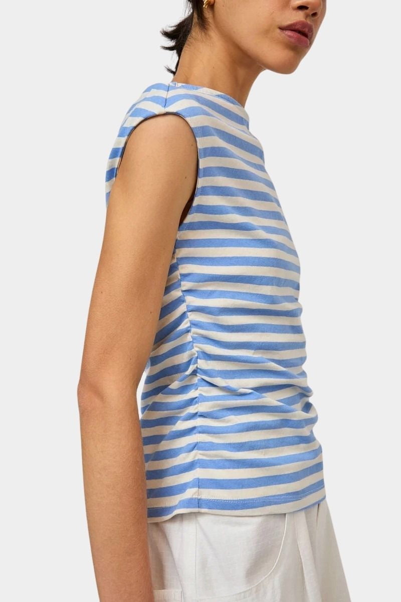 No.6 Carly Tee blue and white stripe knit top with subtle side ruching