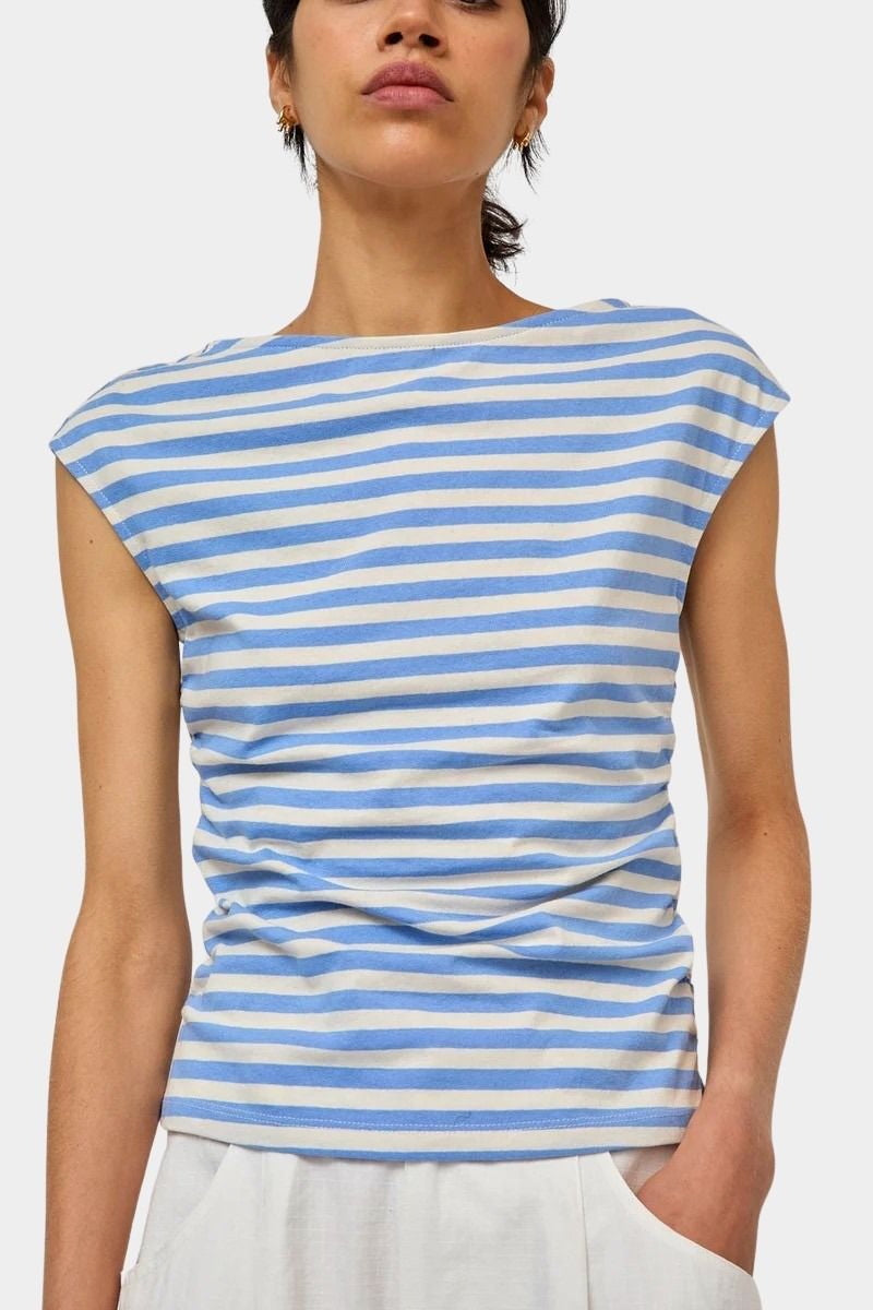 No.6 Carly Tee in blue and white stripe cap sleeve cotton knit top