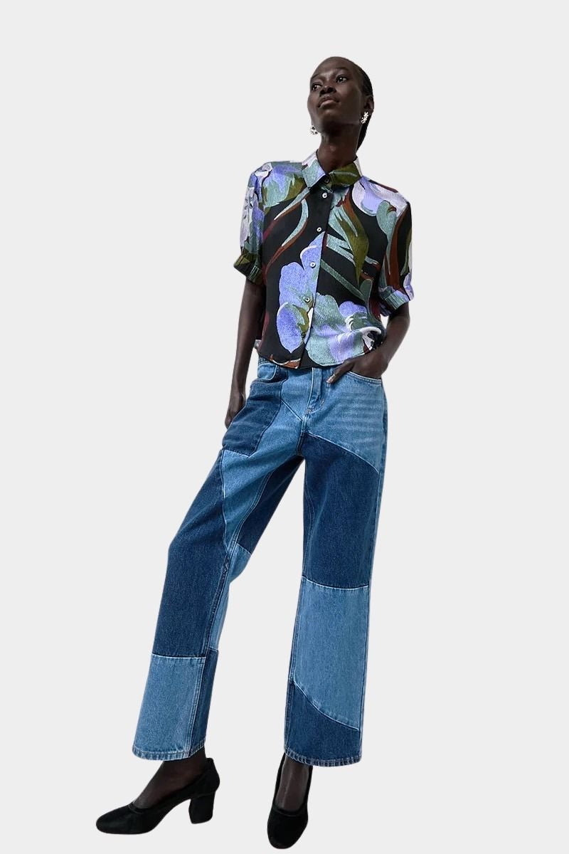 No.6 Chloe Top in Peony floral hammered silk blouse styled with patchwork denim jeans full look