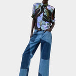 No.6 Chloe Top in Peony floral hammered silk blouse styled with patchwork denim jeans full look