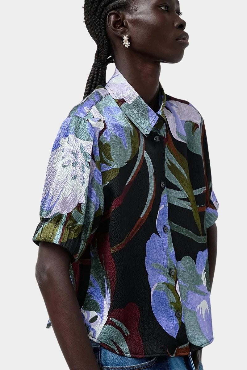 No.6 Chloe Top in Peony floral silk button down blouse angled view highlighting collar and print