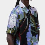 No.6 Chloe Top in Peony floral silk button down blouse angled view highlighting collar and print