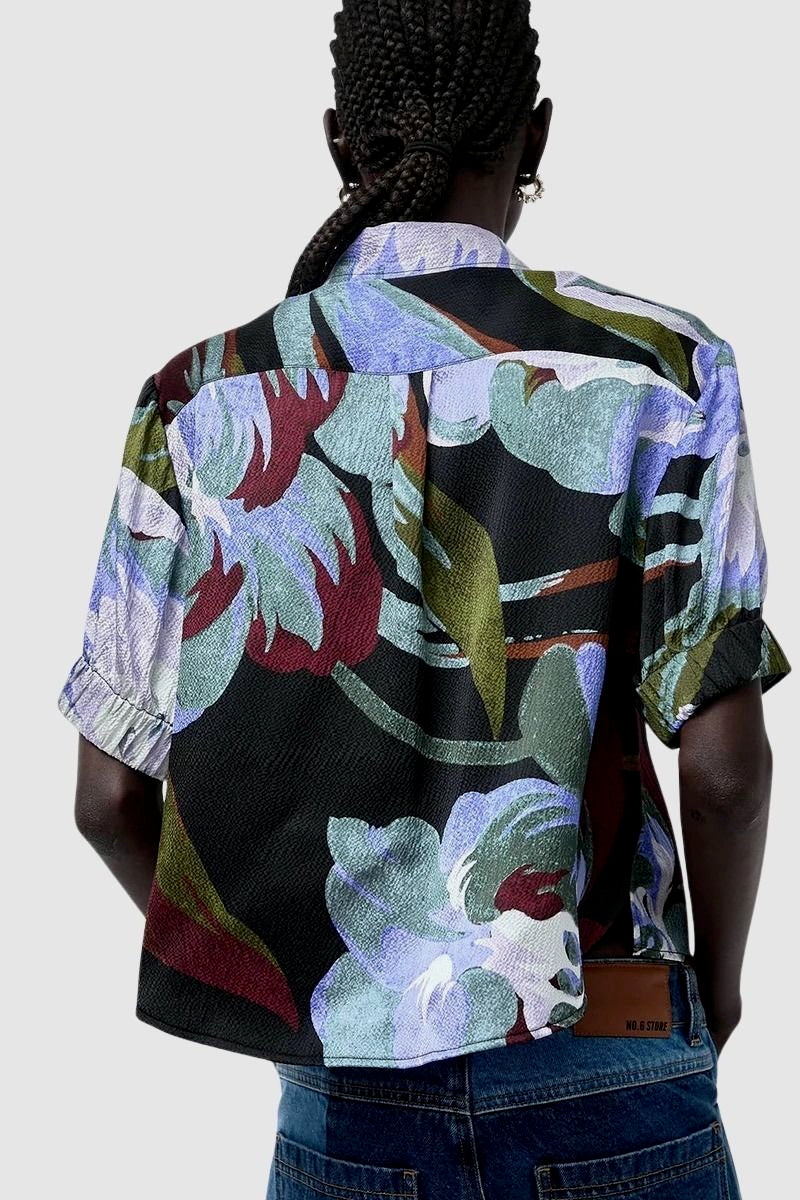 No.6 Chloe Top in Peony floral hammered silk blouse back view showing relaxed fit