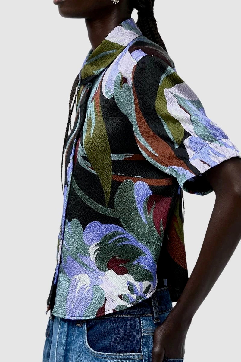 No.6 Chloe Top in Peony floral silk blouse side view showing cropped length and sleeve detail