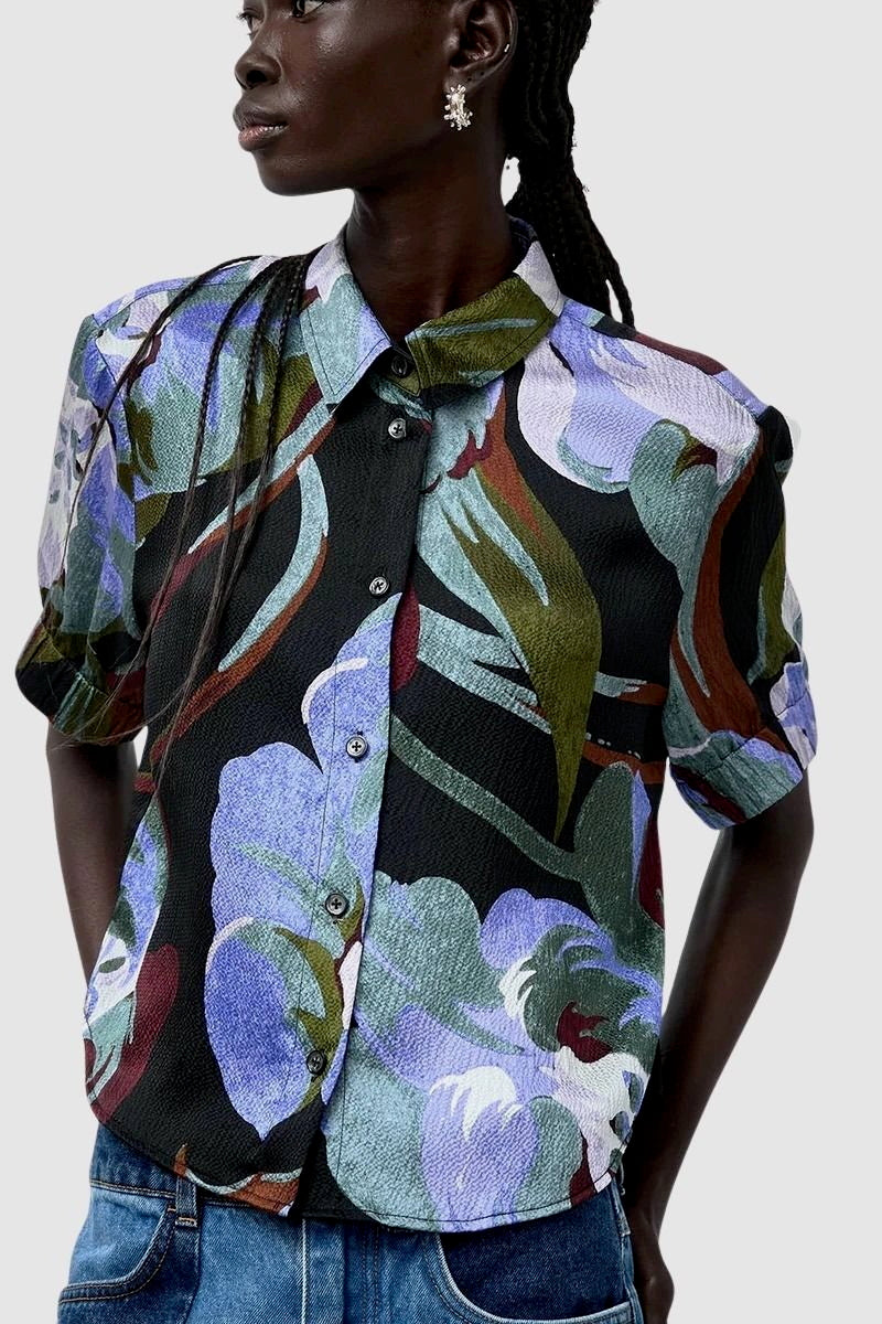 No.6 Chloe Top in Peony floral hammered silk short sleeve button down blouse front view with cropped fit