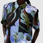 No.6 Chloe Top in Peony floral hammered silk short sleeve button down blouse front view with cropped fit